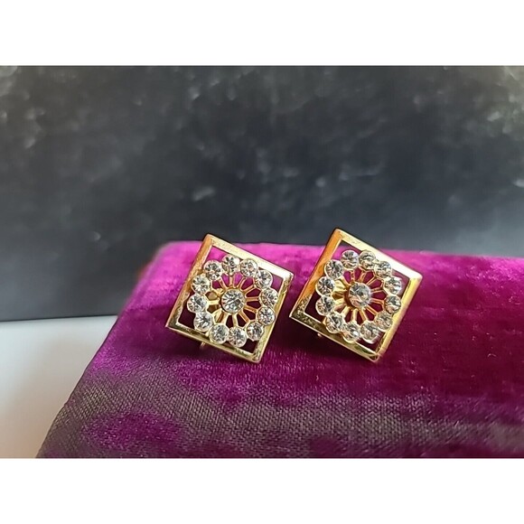 Square Shaped Clear Rhinestone Screwback Earrings Vintage - Picture 2 of 10